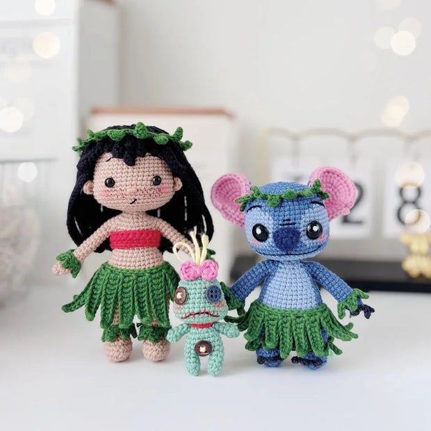 Hawaii girl doll and blue monster crochet pattern
