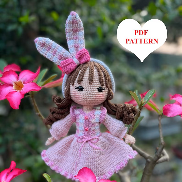 Carol Bunny Crochet Doll Pattern in Gingham Dress