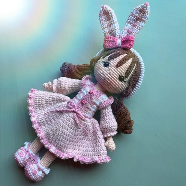 Carol Bunny Crochet Doll Pattern in Gingham Dress