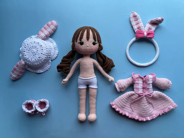 Carol Bunny Crochet Doll Pattern in Gingham Dress